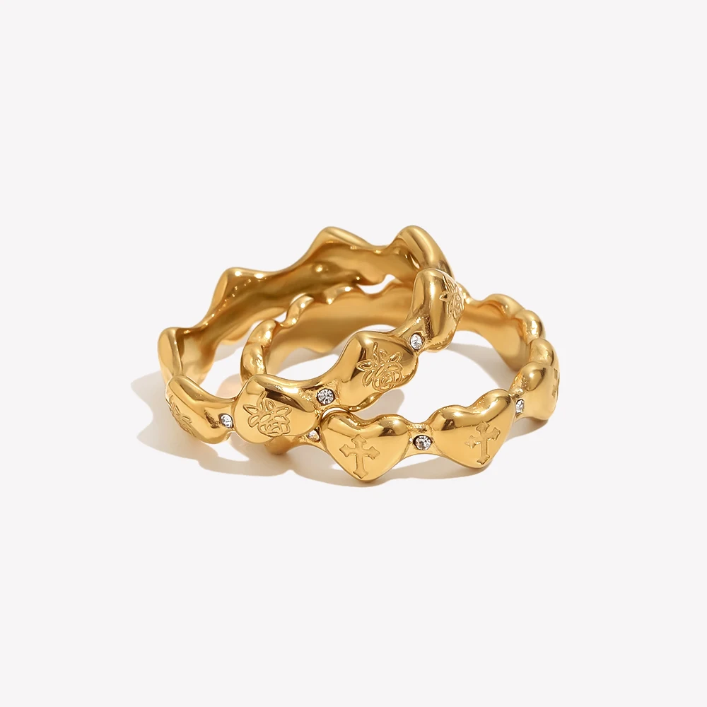 E.B.belle Engraved Heart Rose Cross Pattern Ring 18K Gold Plated Stainless Steel Ring Fashion Vintage Women Daily Jewelry Gift