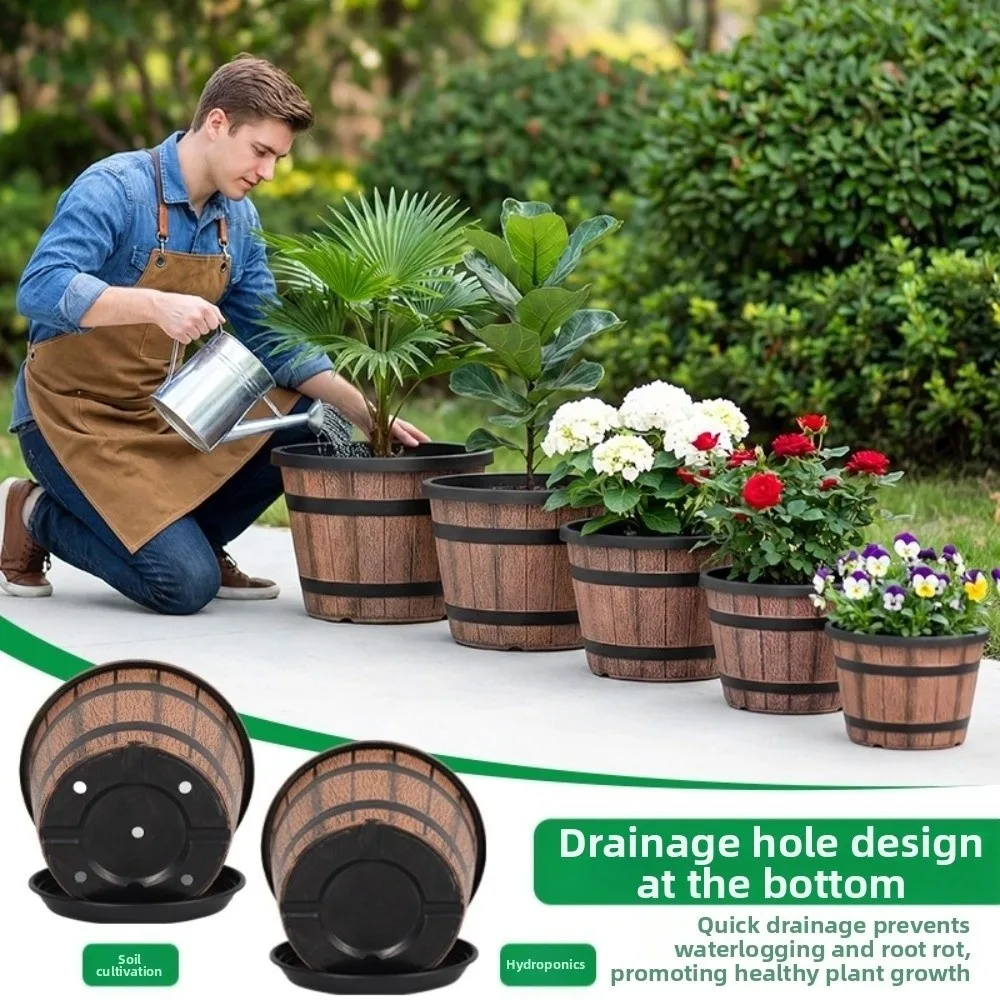 Round Plastic Barrel Flowerpot Thickened Drainage Hole Vintage Planters Matching Saucer Large Capacity Flower Bucket Indoor Use