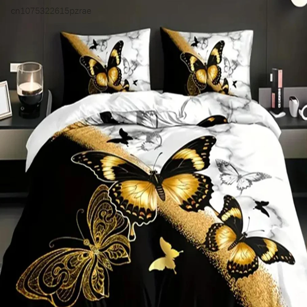 3pcs Golden Butterfly Duvet Cover Set, Black And White, Breathable Polyester, All-Season, Digital Print, Duvet Cover For Bed