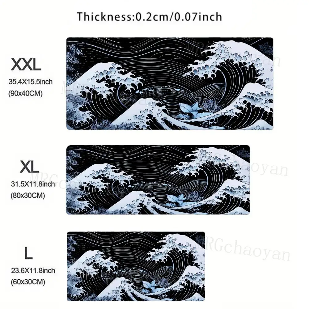 Japanese Wave Art Gaming Mouse Pad Extended Large Desk Mat with Stitched Edges Anti-wrinkle Non-Slip Rubber Base for PC Laptop