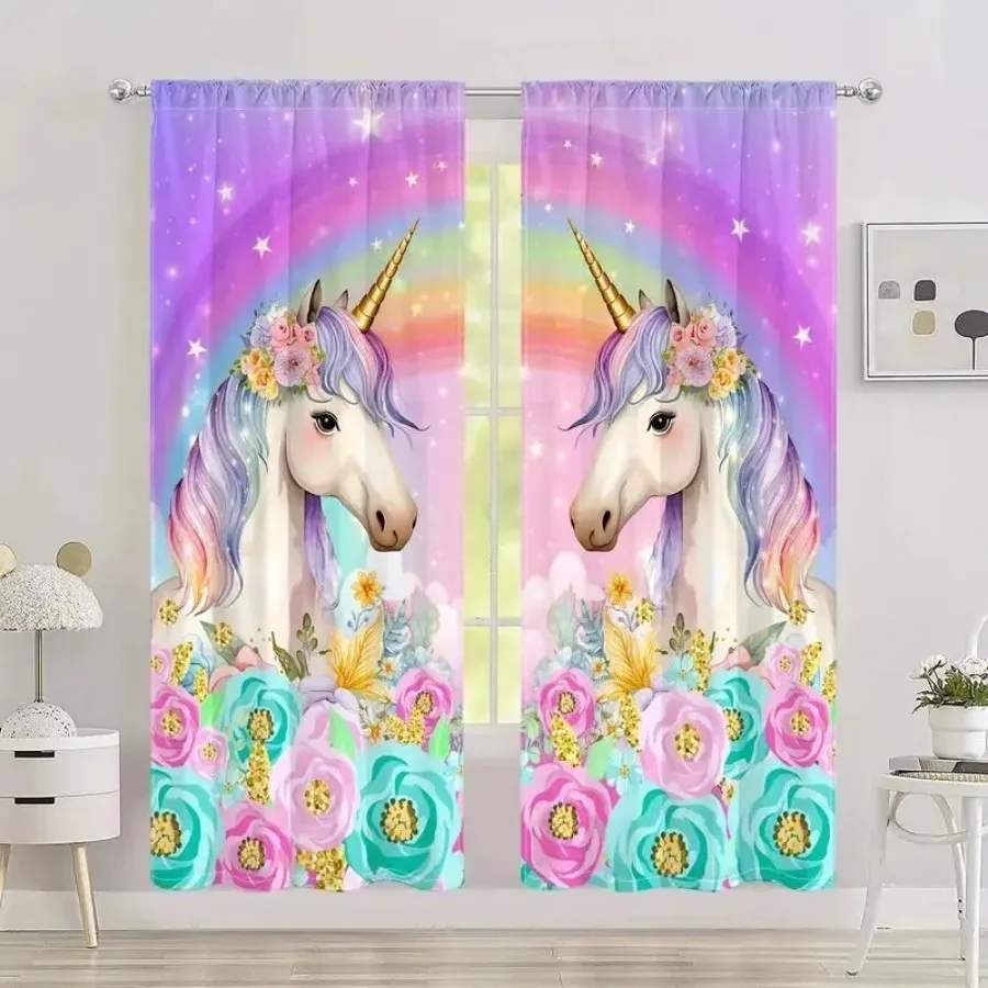 2 PCS Gradient Unicorn Curtains, Dreamy Girlish Style Window Drapes for Living Room Bedroom Home Decor Polyester Rod Pocket