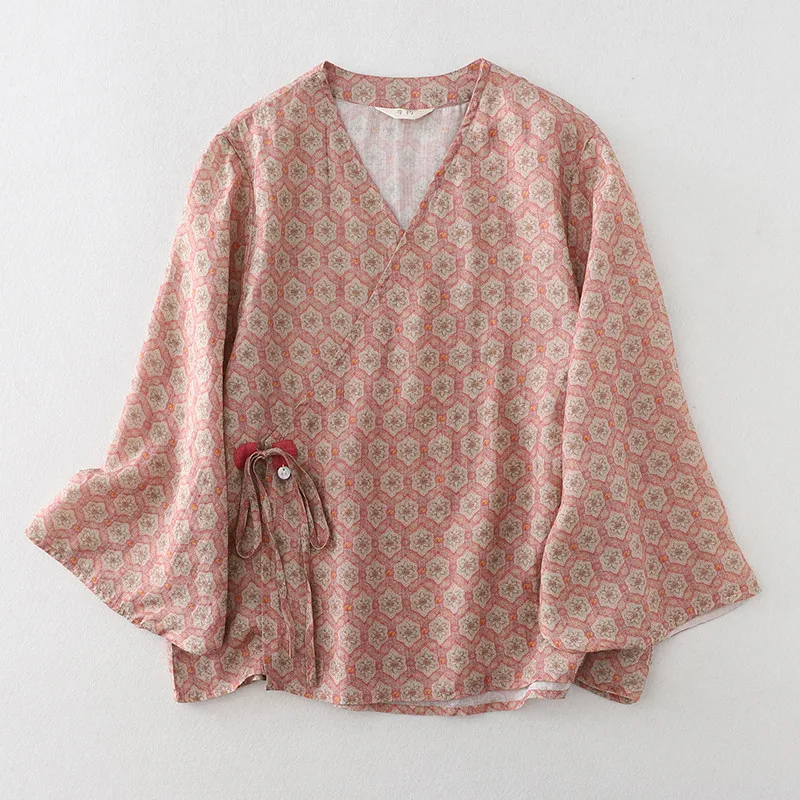 

Limiguyue Ethnic Cotton Linen Summer Shirt Vintage Floral Print Ramie Blouses Loose Lace Up Cardigans Breathable Women Tops E541