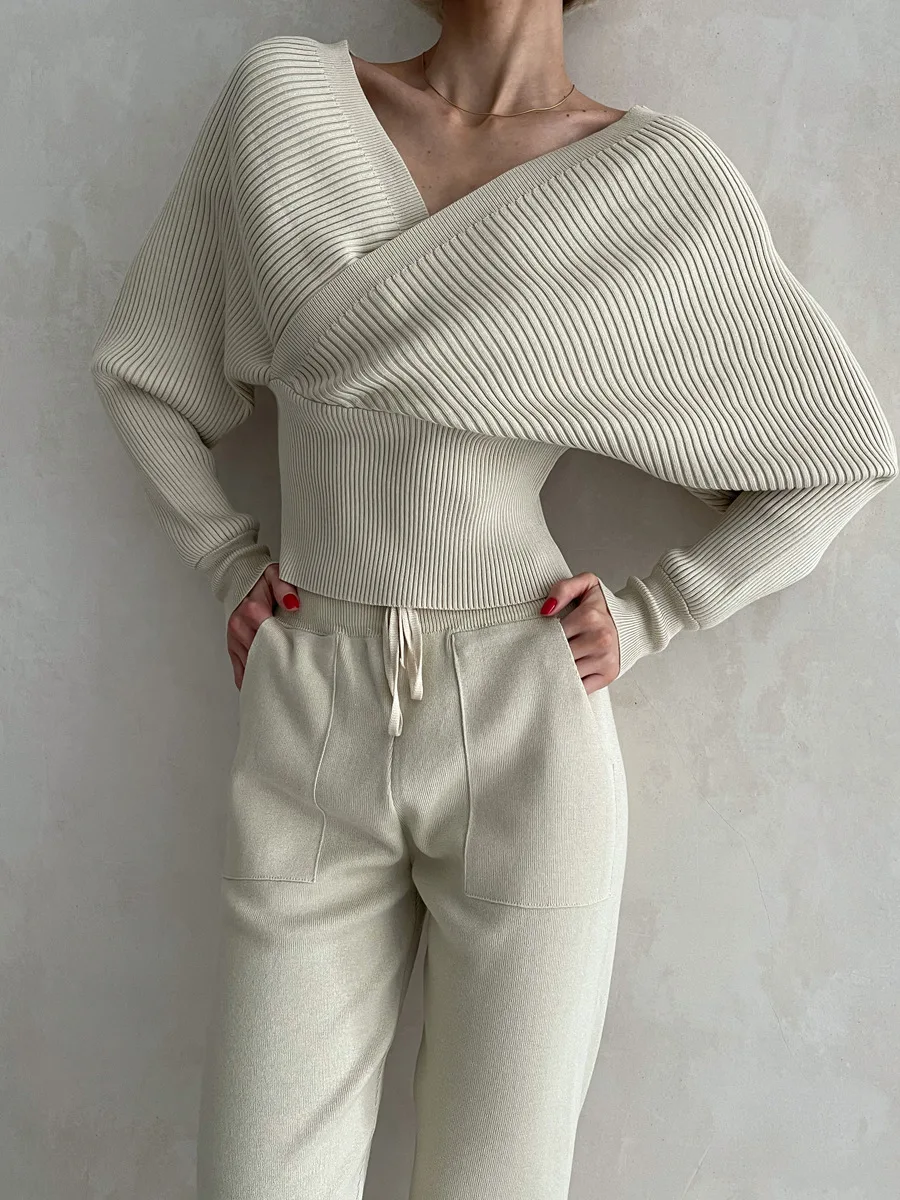 Sexy Off Shoulder Knitted Two Piece Set Sleepwear Women Long Sleeve Sport Tracksuit 2 Piece Sweater Pants Home Suit Pajamas Lady