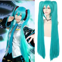 Peluca verde sintética Cosplay peluca verde verde azulado peluca de cola de caballo doble peluca verde larga con flequillo peluca recta peluca Kawaii peluca Miku
