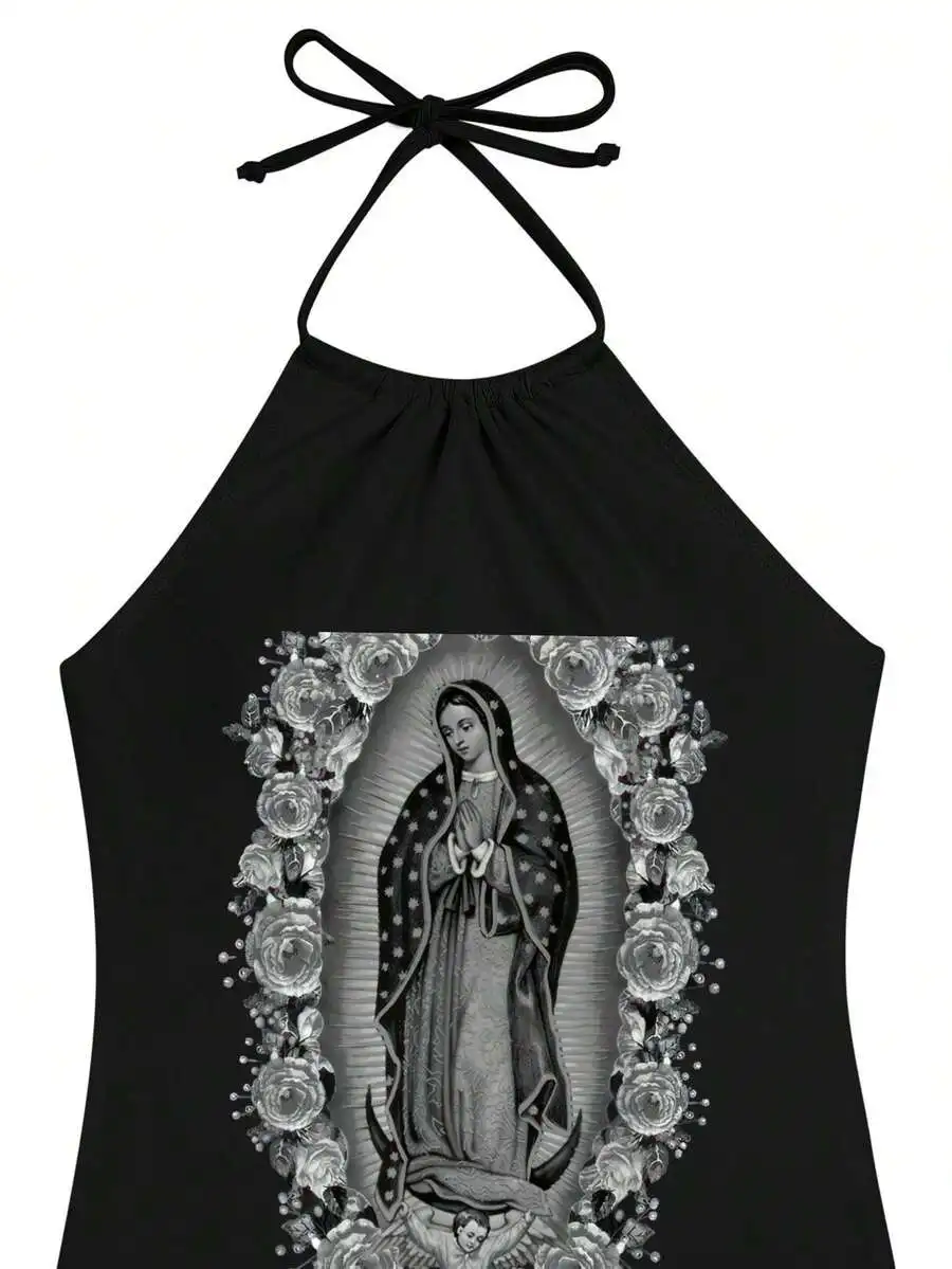 

Womens Black & White Virgin Mary Graphic Halter Top Swimsuit Set Modest Beachwear