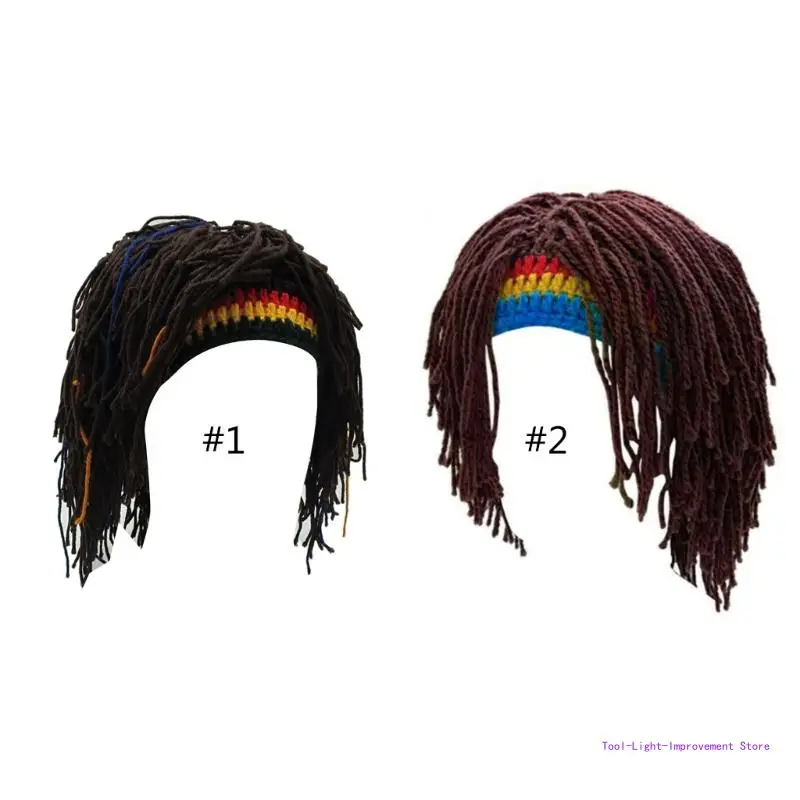 C63E Knittings Hat with Dreadlocks Winter Hat Beanied Funny Man Rastas Wigs Beard Hat