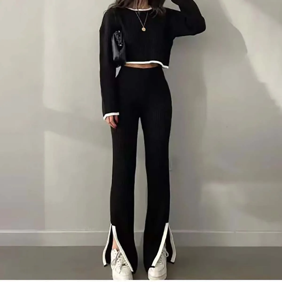 Autumn Winter 2 Pieces Women\'s Oufit Sets Knitted Tracksuit O-Neck Sweater and Wide Leg Jogging Pants Female Suits