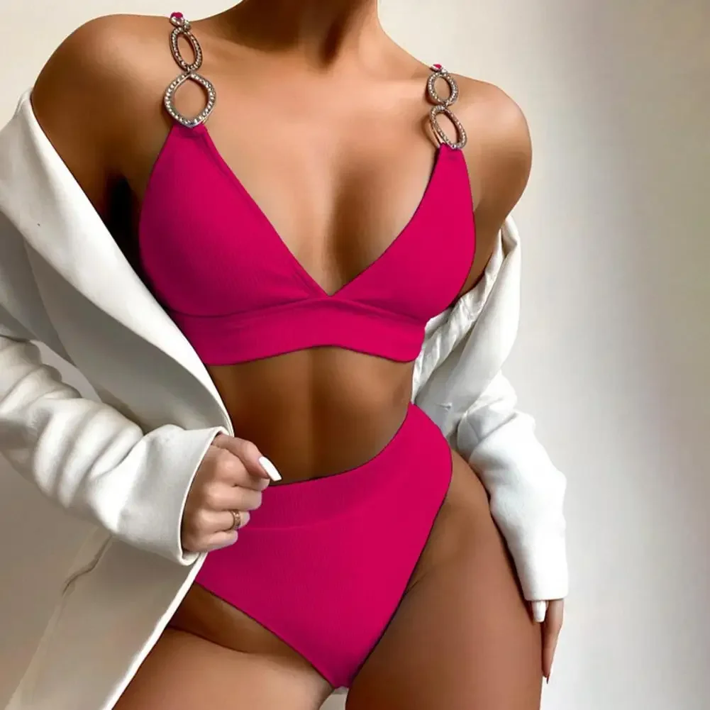2 unids/set de Bikini de verano para mujer, conjunto de traje de baño de tres puntos de Color sólido, traje de baño inalámbrico ajustable de Metal para playa