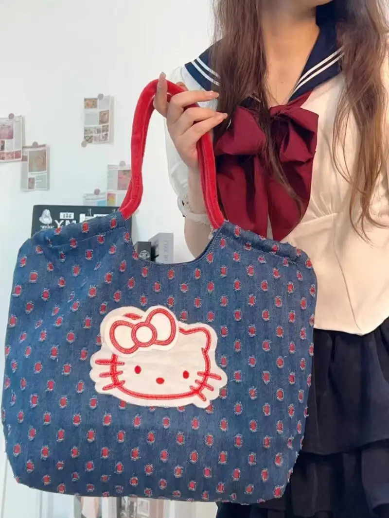 

Sanrio ВИНТАЖНАЯ ДЖИНСОВАЯ сумка на одно плечо Kawaii аниме Hello Kitty большая емкость портативные дорожные туалетные принадлежности