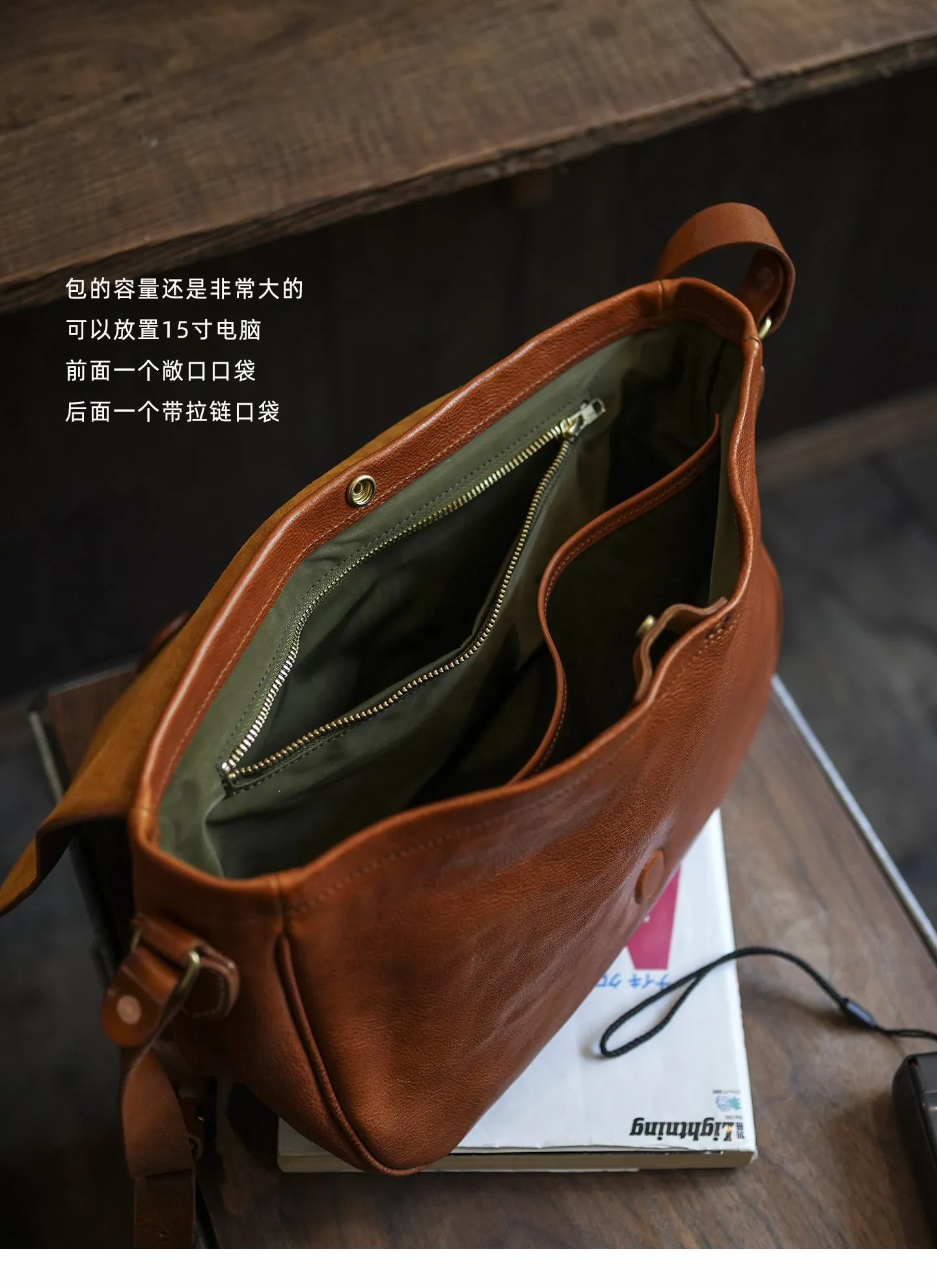 Einfache Vintage-Umhängetasche aus handgefertigtem Rindsleder der ersten Schicht für Herren, modische, lässige Reisetasche aus luxuriösem Echtleder. – Detail 14