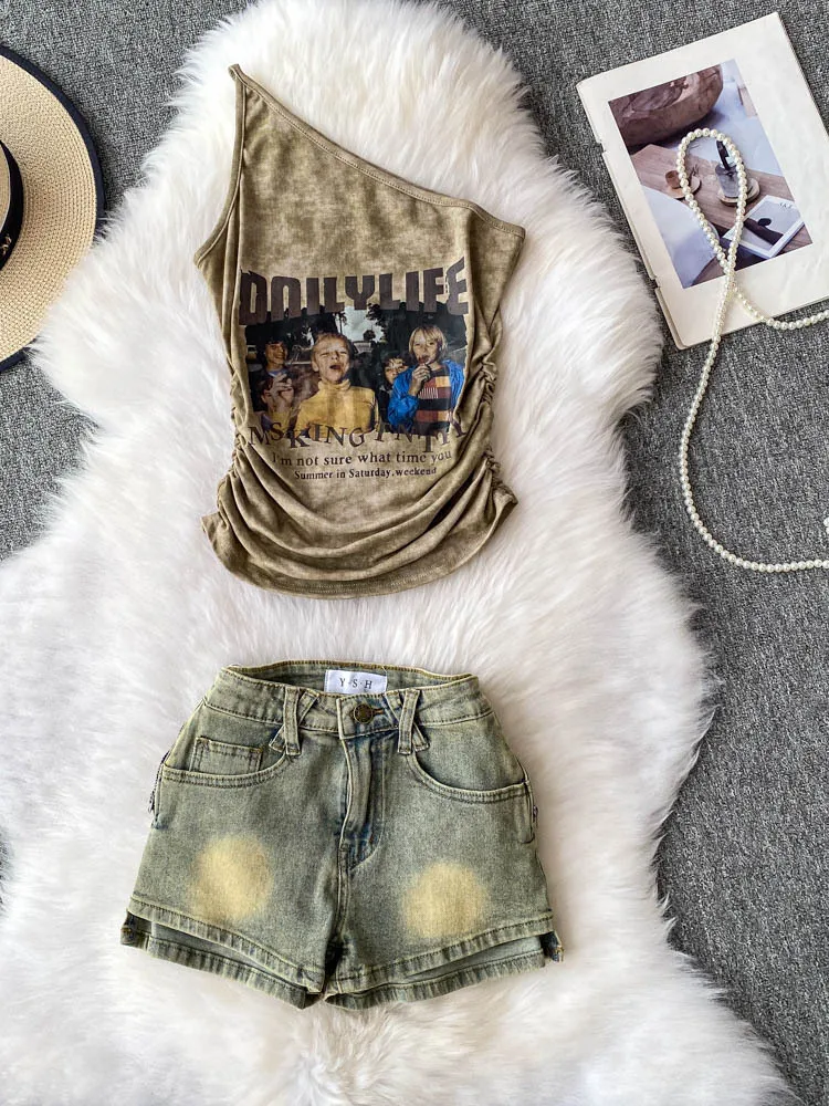 

American Sle Spicy Girl off oulder Neline Vest Printed Design Pleated Waist Crop Top Set High Waist Denim orts