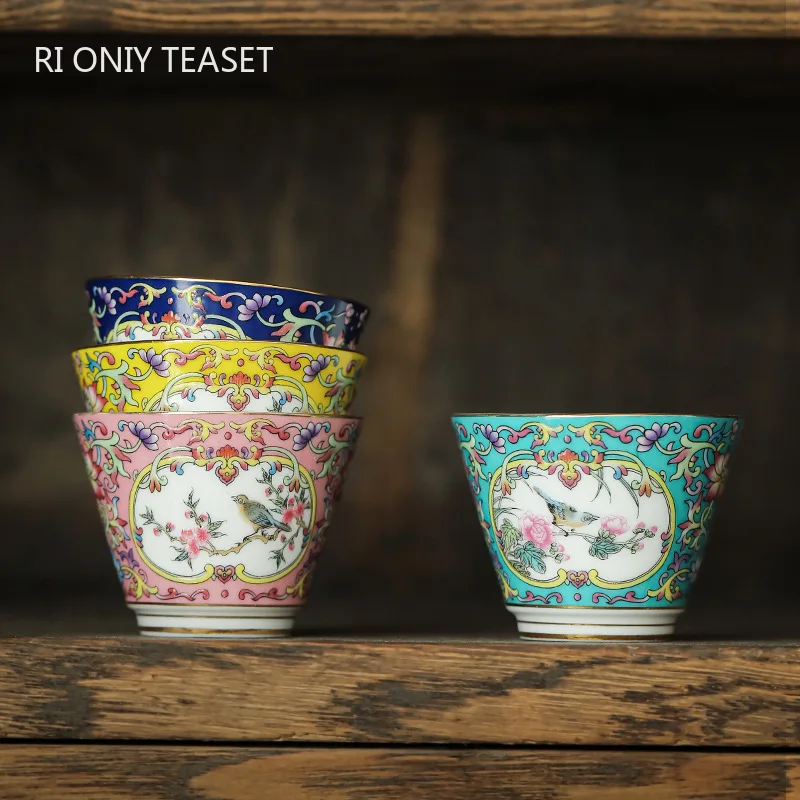 

1 Pc Chinese Color Enamel Ceramic Teacup Exquisite Hand Painted Flower and Bird Meditation Cup Porcelain Tea Bowl Tea Set 60ml