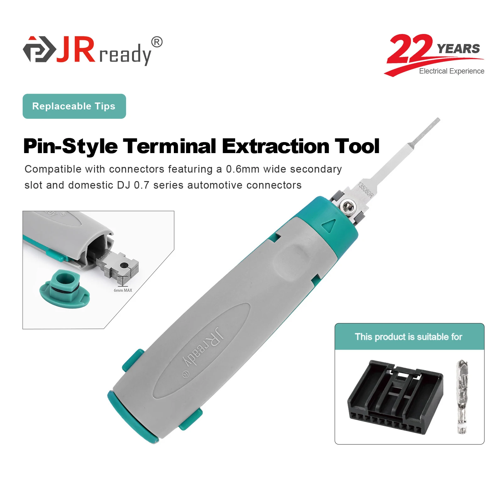JRready JRconDRK-N135060R Einpoliges Terminal-Extraktionswerkzeug Kompatibel mit 0,6mm Breiten Sekundärsteckverbindern mit Flachschlitz