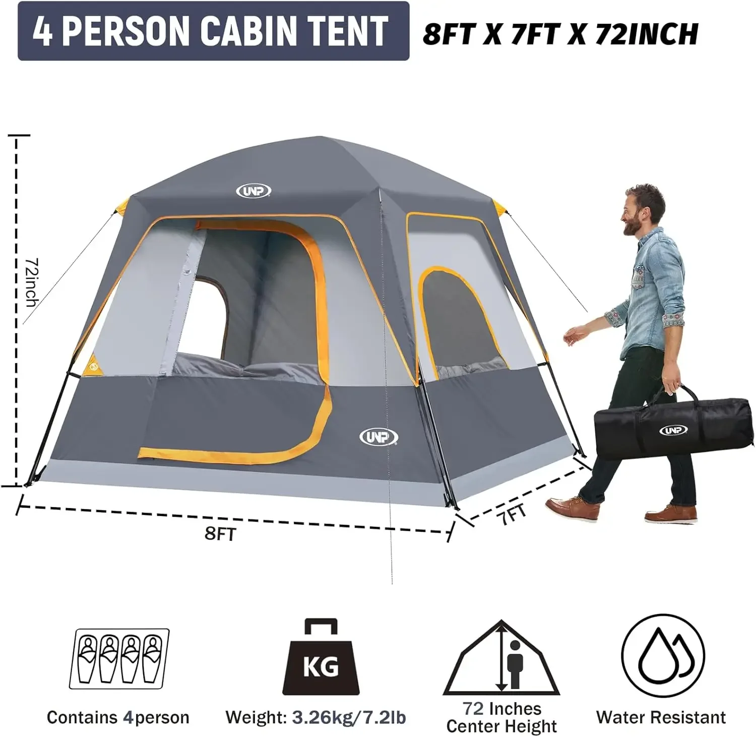 Tenda UNP per 4 persone, tenda cabina portatile, tenda da campeggio per 4 persone, facile installazione