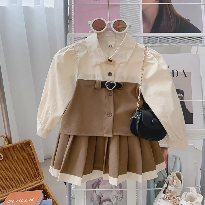 

New Autumn Outfit for Girls: Stylish Color-Block Shirt and Fashionable Pleated Skirt Two-Piece Set for Baby Girls