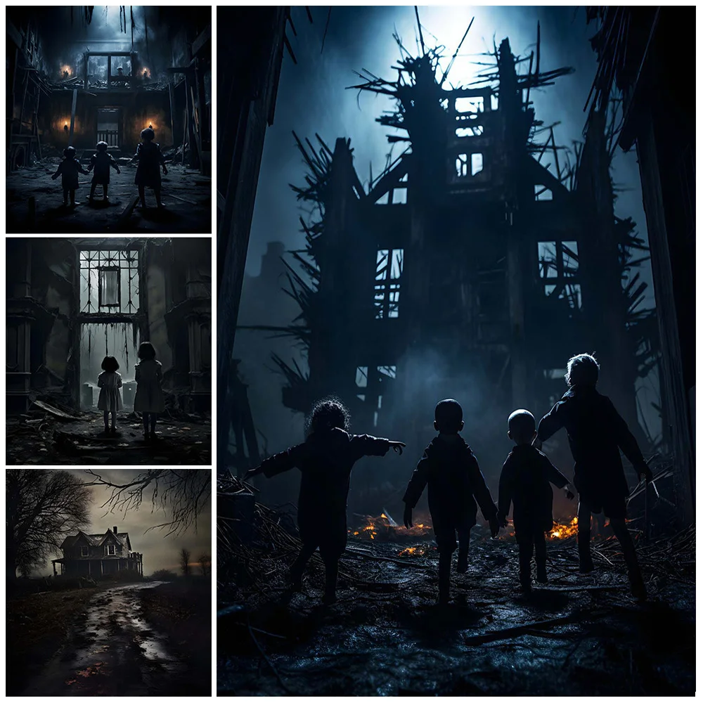 Children Playing At Haunted House Vintage Wall Art Canvas Painting Ghost Child Spooky Gothic Art Poster And Print Home Decor