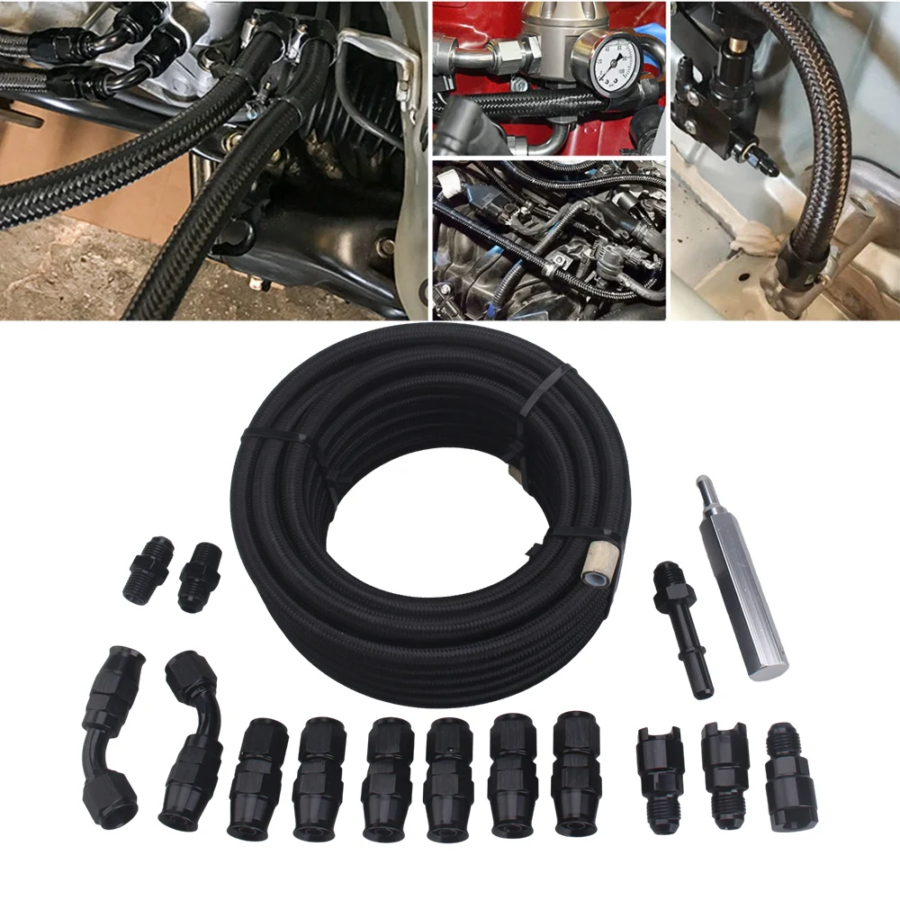 

6AN 6M PTFE Fuel Line Kit, 6AN 3/8" LS Swap EFI E85 Nylon Stainless Steel Braided Fuel Hose, PTFE AN Fittings Adapter