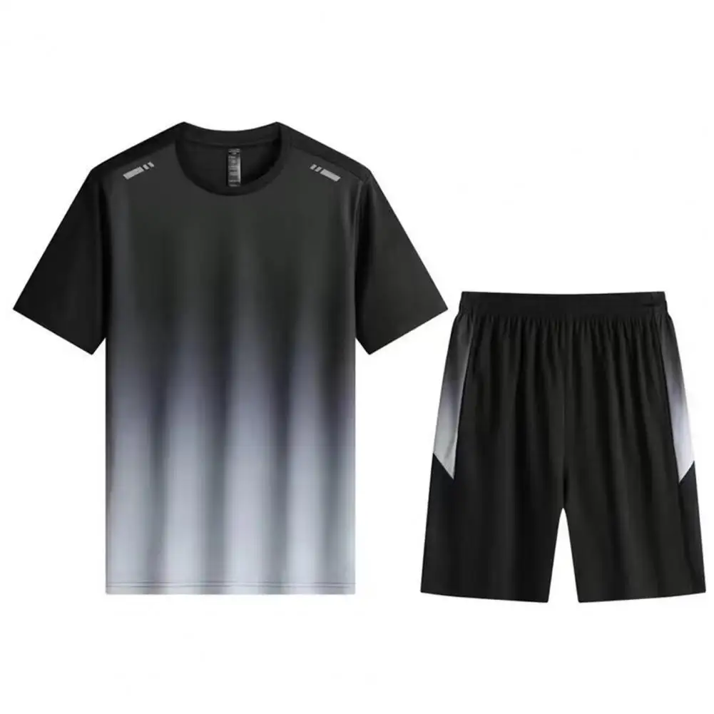 Conjunto de roupas de ginástica confortável masculino, cor gradiente, roupas esportivas elegantes, camiseta com gola redonda, perna larga para fitness, conforto