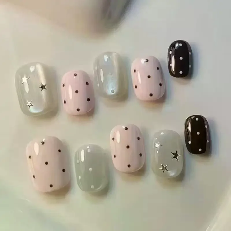 10Pcs Pink Polka Dot Star Cat Eye Fake Nails Art Decor Short Oval Shape Colorful Small Fresh Press On Nails Nail Patches