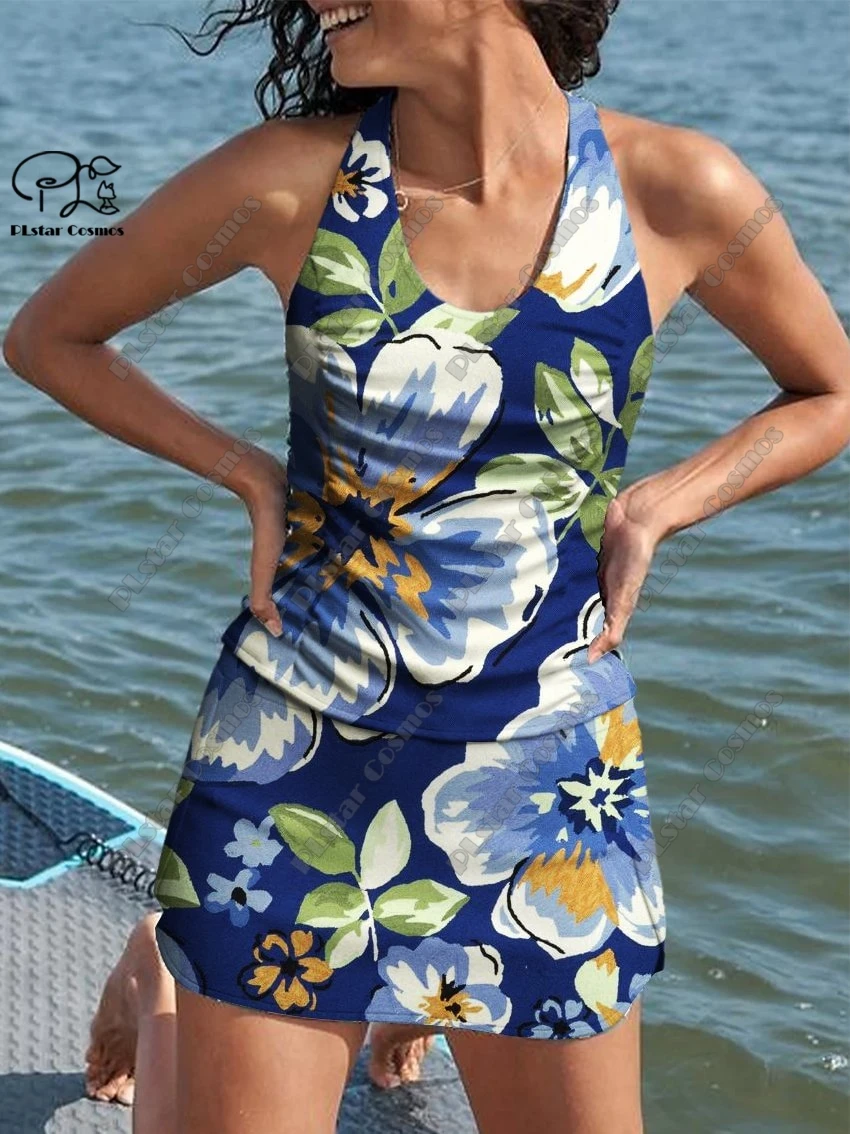 Women's summer small fresh floral 3D printed vest dress style two-piece swimsuit suit holiday travel new swimsuit B-2