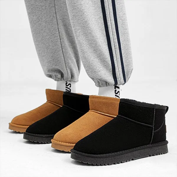 

Men's Winter Thick Bottom Outdoor Cold-resistant Slip-on Fur Leather Boot Warm Fleece Lined Bread Shoe Short Korean Style