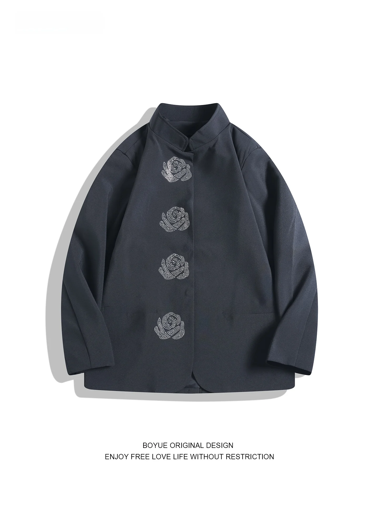 

Boyue Men's Stand Collar Embroidered Rose Western Suit Jaet Casual Sle National Trend Faion Warm Polyester Fiber