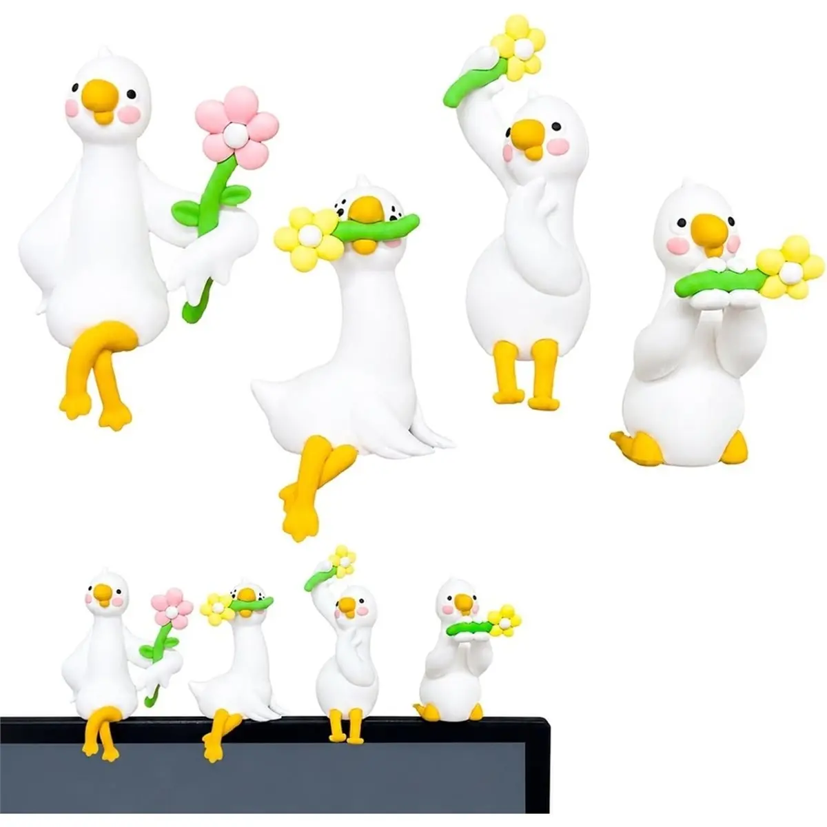 【HOT A88T】 4Pcs Resin Goose Figurines for Desk & Computer Monitor Decor White Goose Statues for Computer Monitor,Dashboard,