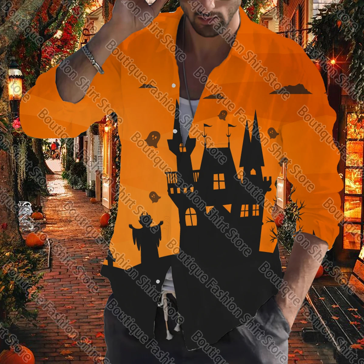 Camisas de Halloween para hombres, top de fiesta al aire libre de calle, botones de manga larga, solapa, suave y cómodo, Otoño e Invierno