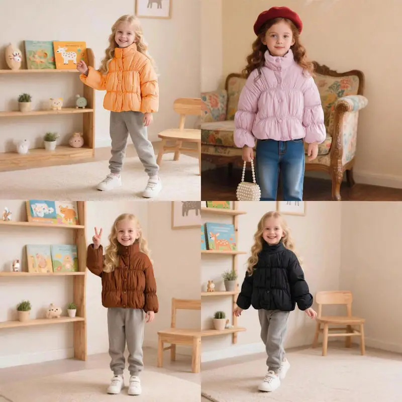 

Autumn Winter Girls' Padded Jacket Warm Thickened Short Coat Pure Color Quilted Jacket Stand Collar Outerwear Children Clothing