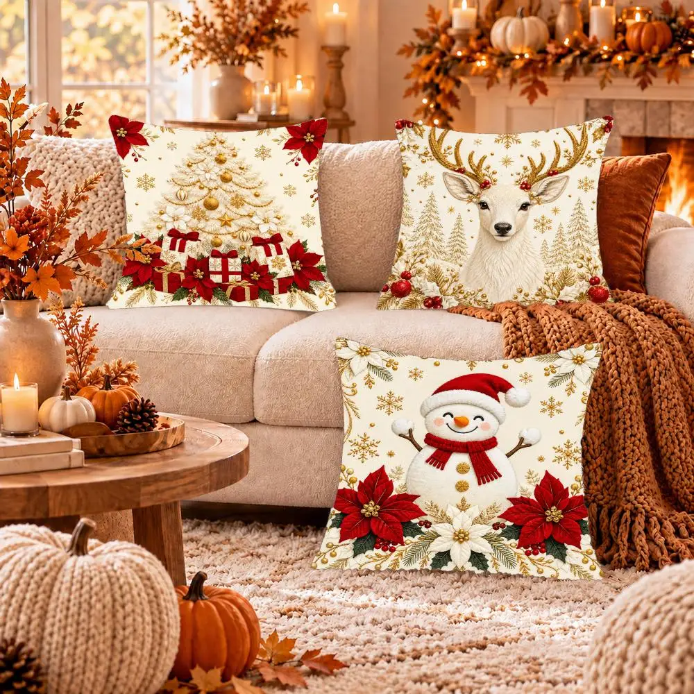 Cream Red Gold Christmas Cushion Cover Soft Short Plush Pillow Cover Smooth Cozy Texture Cushion Case Home Decor