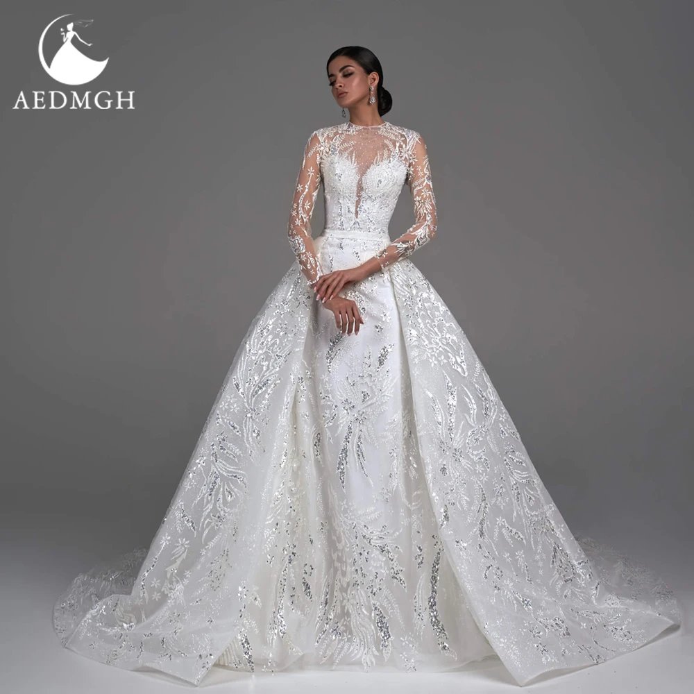 Aedmgh sirena abiti da sposa eleganti 2024 collo alto manica lunga Vestido De Novia ricamo staccabile treno Robe De Mariee