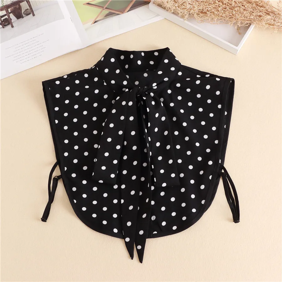 Women Polka Dots Bowknots Shirt Fake Collar Tie Cotton Detachable False Collar Lapel Blouse Top Autumn Sweater Decorative