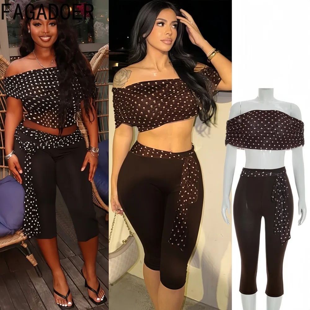 

FAGADOER Sexy 2 Pieces Set for Woman Off Showlder Polka Dot Print Patchwork Crop Top and Pants Matching Female Streetwear New