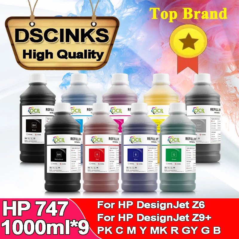 1000ML*9 For HP 746 747 Pigment Ink Compatible for HP DesignJet Z6 & Z9+ Printer High Quality Ink (PK C M Y MK R GY G B)