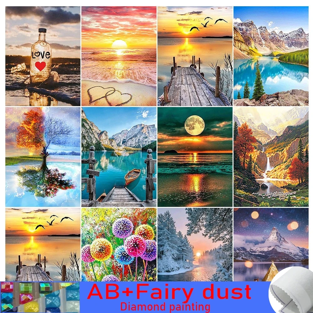 5D DIY 120 colors AB Fairy Dust Diamond Painting Landscape Pictures Drifting Bottle Double Heart Beach Photos Handwork Mosaic