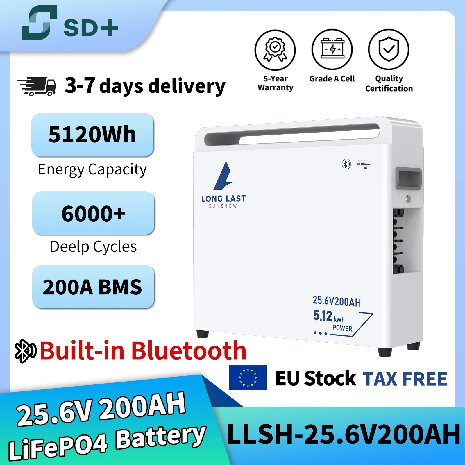 Sandisolar 25,6V 200Ah/300Ah Lifepo4 Batterie 5120Wh/7680Wh Lithium-Eisenphosphat-Batterie 200A BMS 6000 Zyklen 2S2P für Solarenergiespeicherung, Wohnmobile, Marine- und Off-Grid-Systeme, IP21
