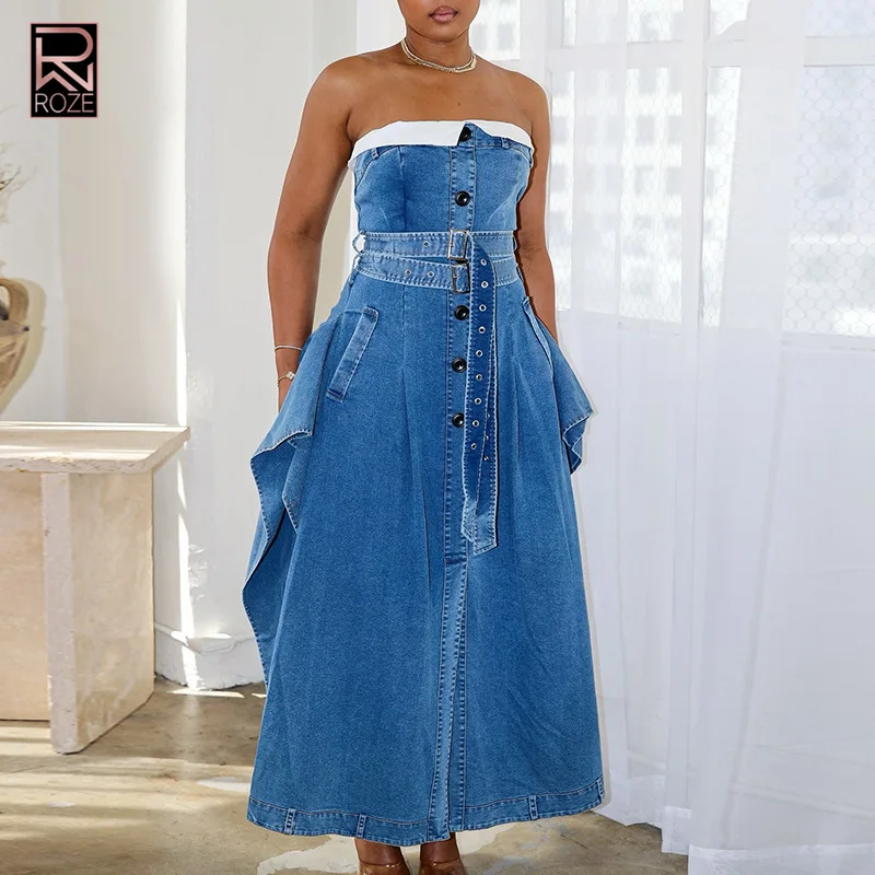 프렌치 레트로 스타일 데님 맥시 드레스 2025 - 버튼과 타이 웨이스트가 있는 코르셋 뷔스티에