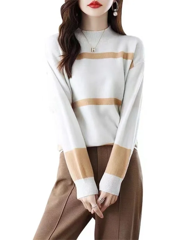 여성용 루즈핏 울 베이스 셔츠 니트 스웨터 가을 겨울 블랙 화이트 스트라이프 루즈핏 울 탑 편안한 긴팔