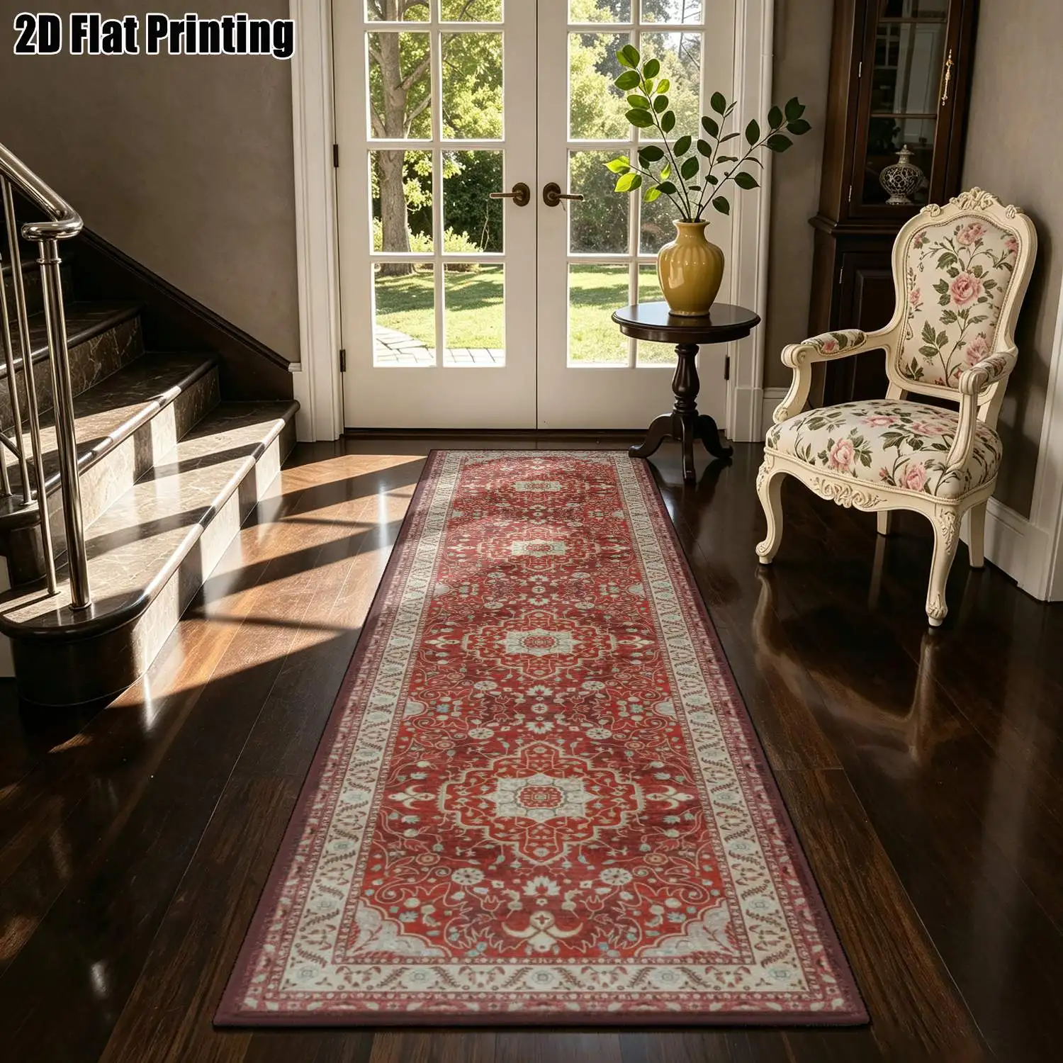 1Pc 2D Printed Long Strip Runner Rug: Red-Brown Symmetrical Floral Pattern, European/Retro/Geometric/Bohemian Style, Machine Washable, Multi-Size, Ideal for Entryway, Corridor, Living Room, Bedroom Home Decor