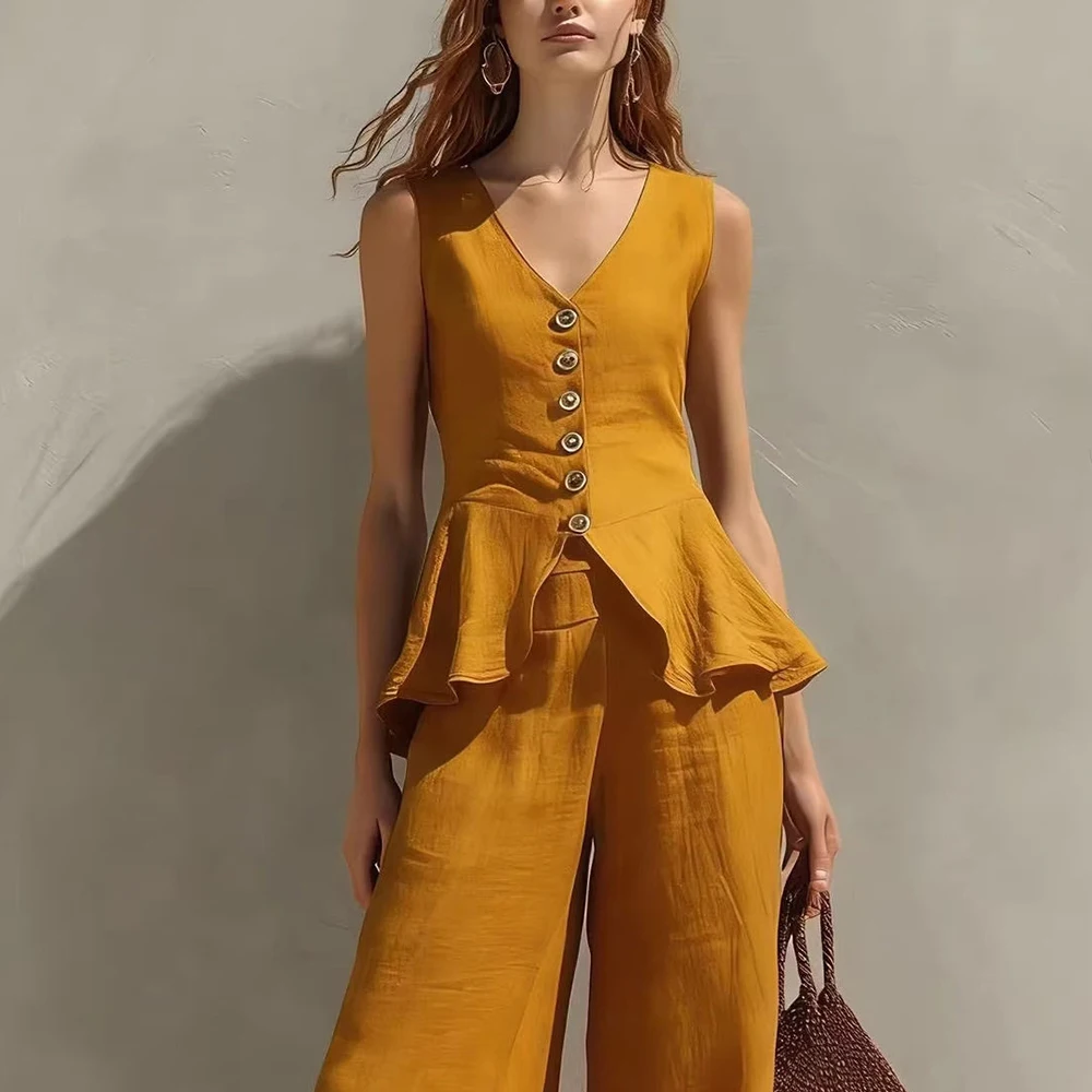 

Women's Vintage Elegant Ruffle Trim 2 Price Set Outfit Sleeveless Chic Blouse Flared Hem Palazzo Pants Office Wear Vacation Sets