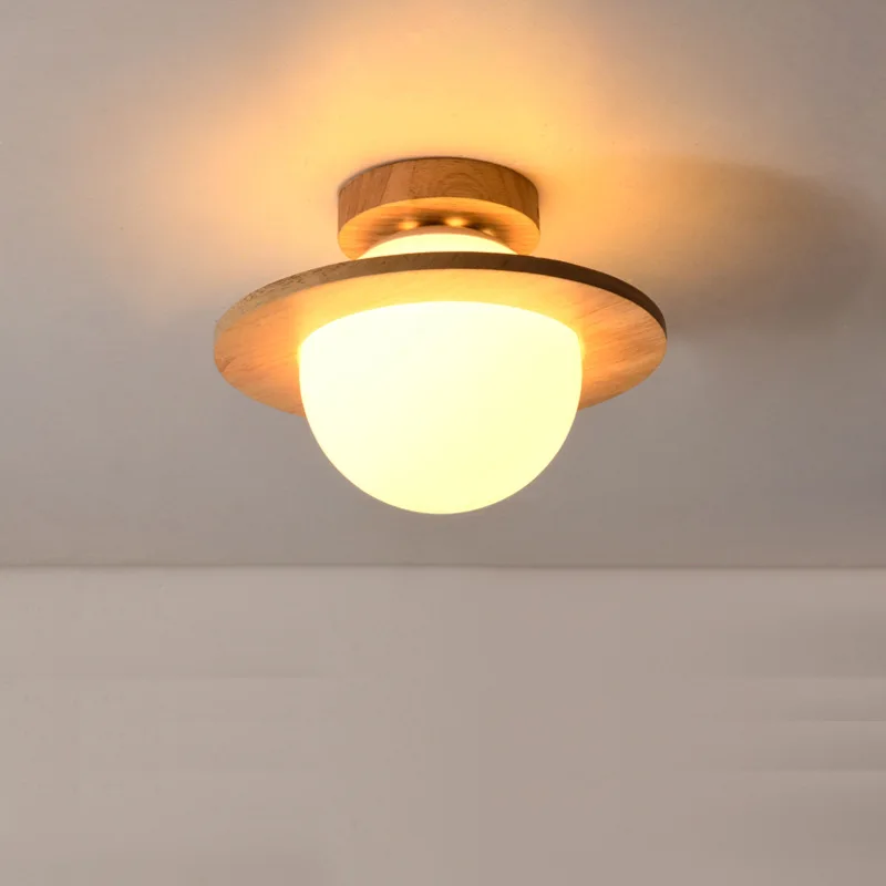 

Japanese Solid Wood Ceiling Light Nordic Style Living Room Foyer Corridor Natural Wood Corridor Light Glass Ball Ceiling Lamp