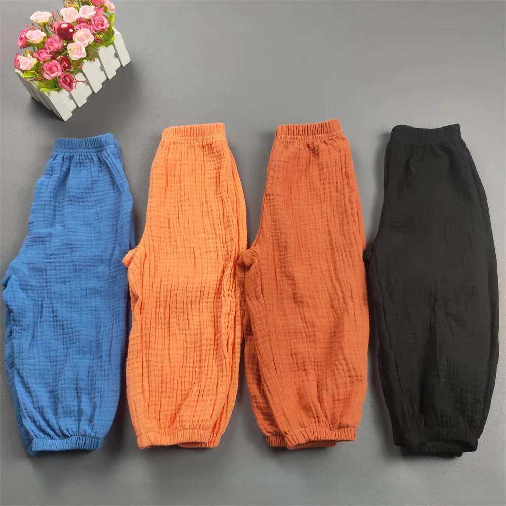 Kinder Kleidung Sommer Jungen Und Mädchen Baumwolle Gefaltete Lose Hosen Mädchen Casual Einfarbig Atmungsaktive Hose – Detail 2
