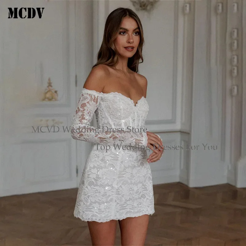 

MCDV 2024 Sexy Off The Shoulder Long Sleeves Full Lace Applique Short Mini Wedding Dresses Custom Made Formal Bridal Gowns