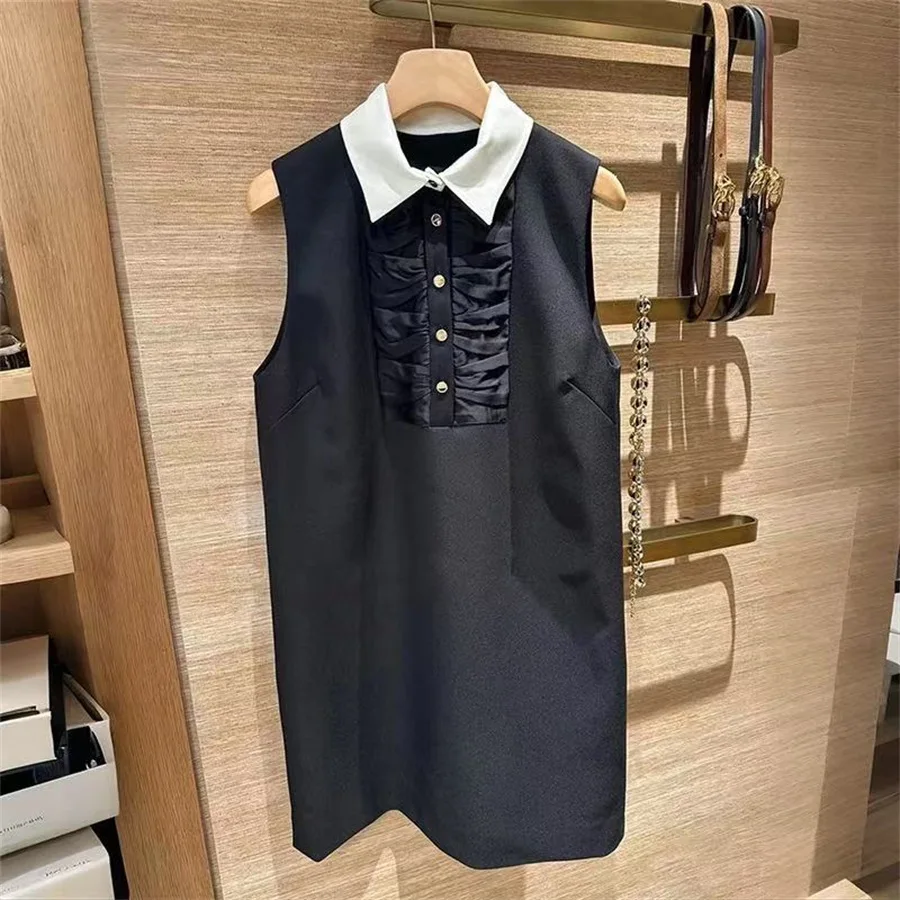

【Gift Free】 French Niche 2025 Fall Winter Contrast-Trim Shirt Collar Ruffled Polo Sleeveless Straight Vest Dress