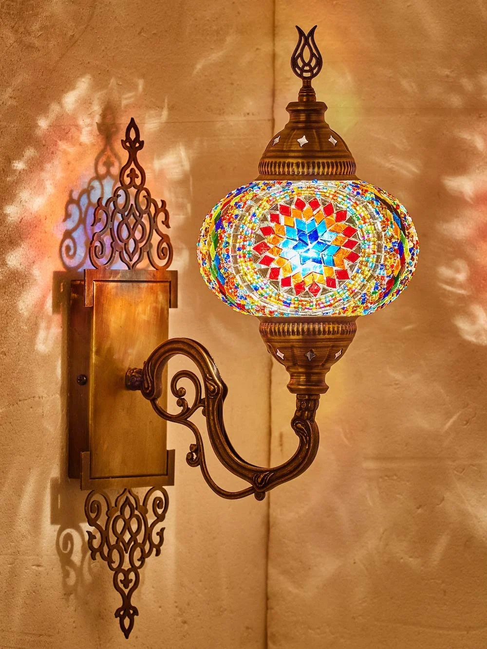 Arabian Handmade Wall Lamp Mosaic Shade Turkish Moroccan Glass Lantern Bedside Home Decoration Light Bronze