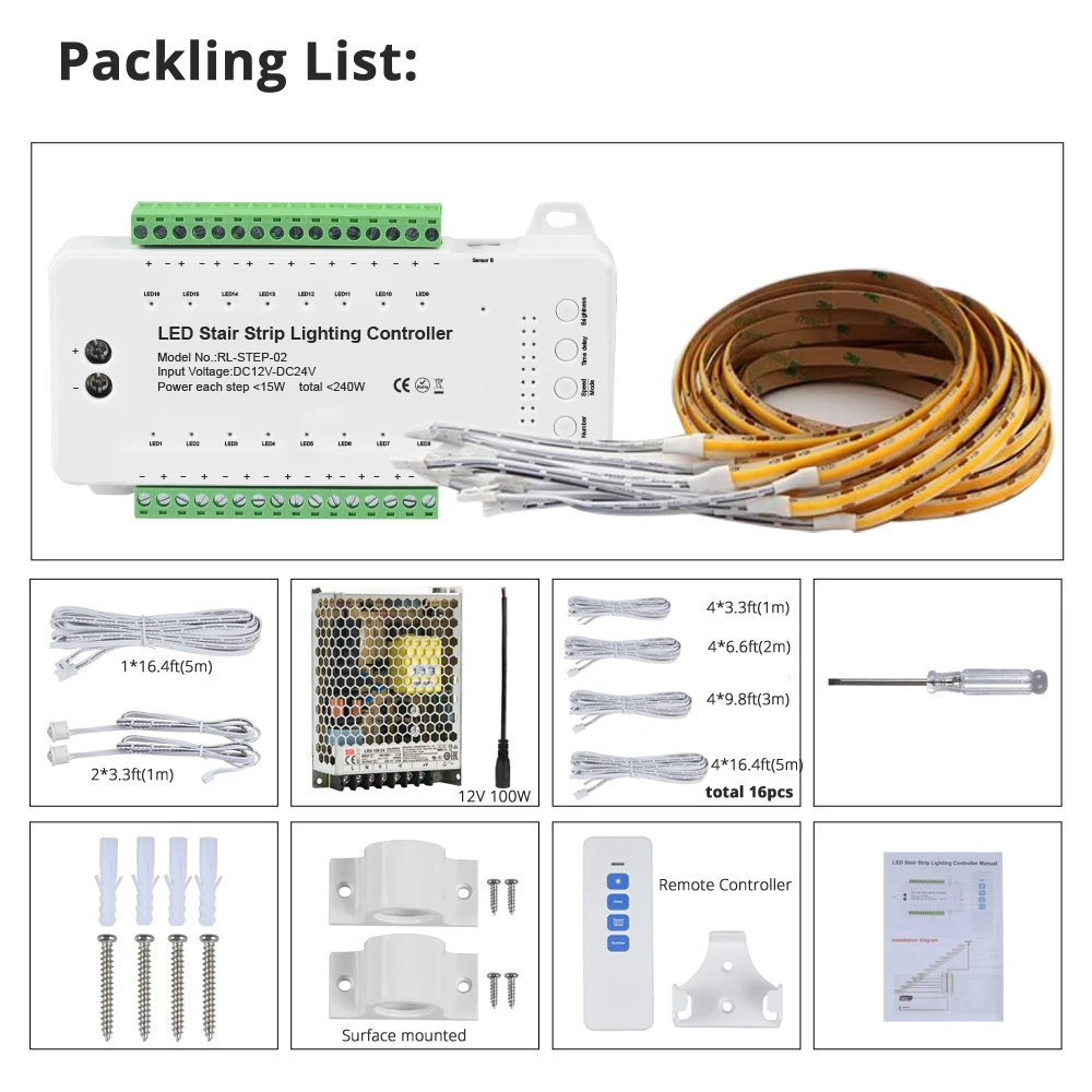 Day/Night Remote 16 Step PIR Motion Sensor COB LED Stair Lights Kit 40" Cuttable Dimmable Indoor Strip Step Lights Customizable