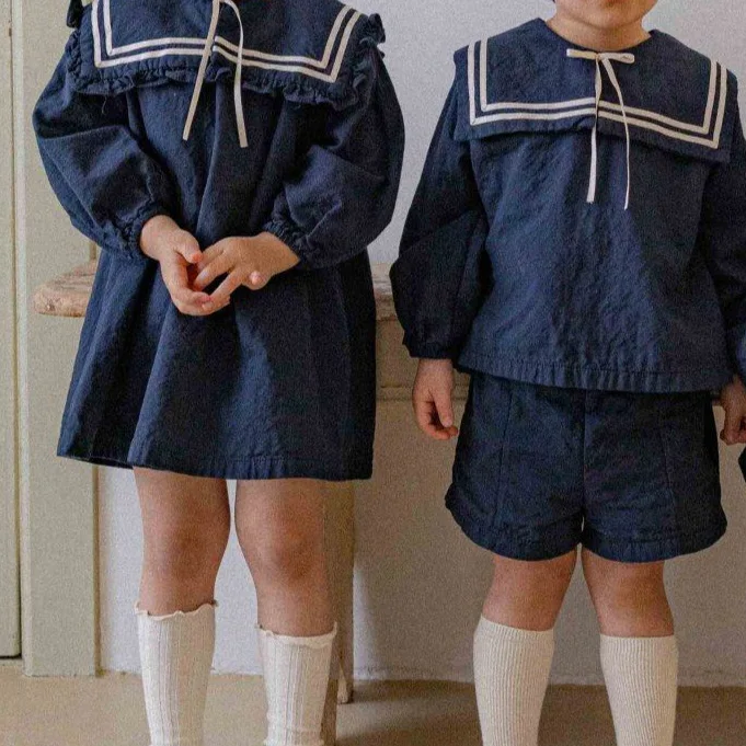 2026 Kids Color Block Set 2026 Spring Autumn New Boys Girls Bow Knot Sailor Collar Shirt T Shirt Shorts