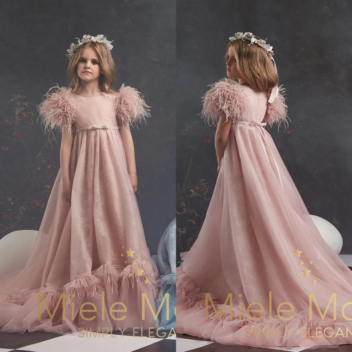 Princess Pink 2022 Feather Flower Girl Dresses Baby Girl Lace Tulle Photo Shoot Dress Toddler Birthday Wedding Guest Dress