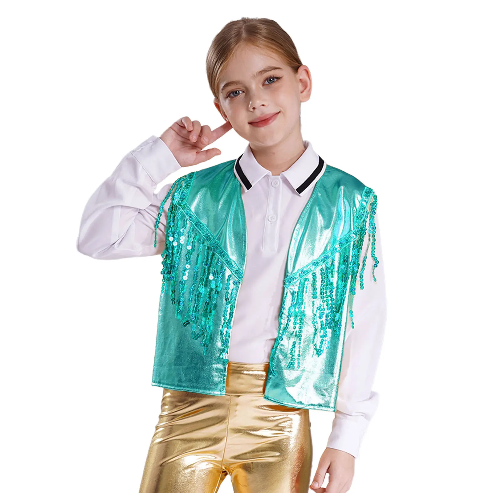 Kids Girls Sparkling Sequin Tassel Waistcoat Metallic Vest Open Front Sleeveless Jacket Stage Performance Jazz Dance Costume