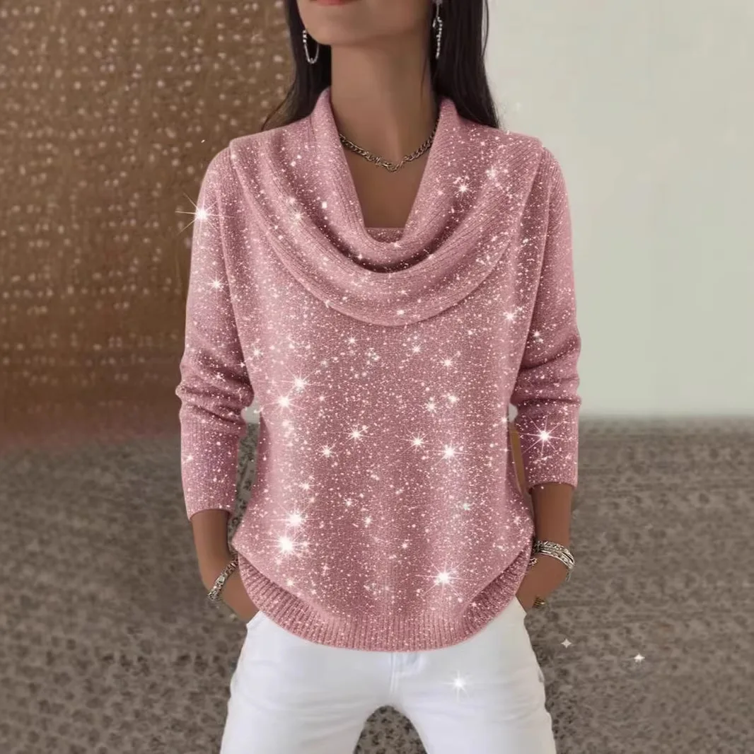 Sparkle Knit Sweater Long Sleeve Solid Color Pullover 2026  Women's Elegant Top Office Casual Wear Soft Fabric
